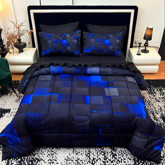 Blue and Black Block Print Comforter Bedding Set
