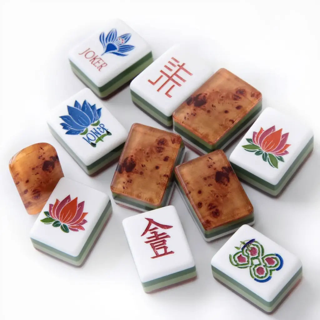 Engraved Mahjong Tile Set with Lotus Designs