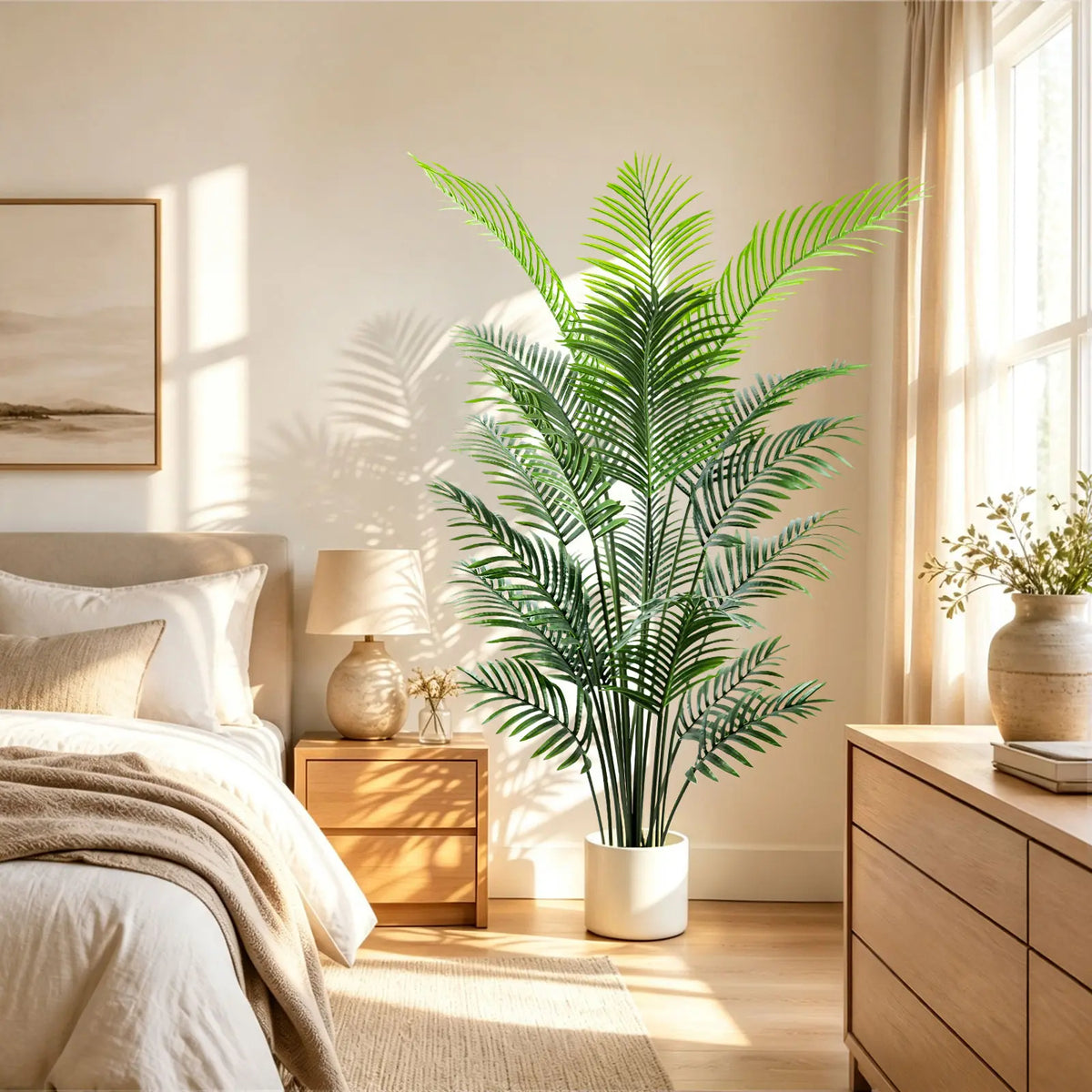 Faux Palm Plant with Long Green Fronds in White Pot