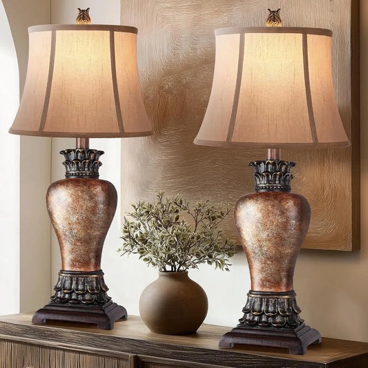 Pair of Bronze-Tone Table Lamps with Bell Shades