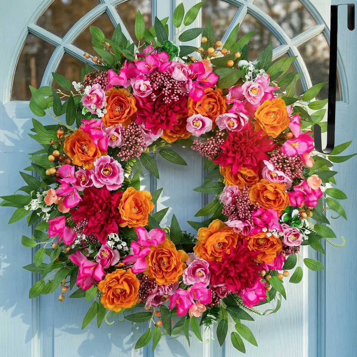 Round Pink and Orange Faux Flower Door Wreath