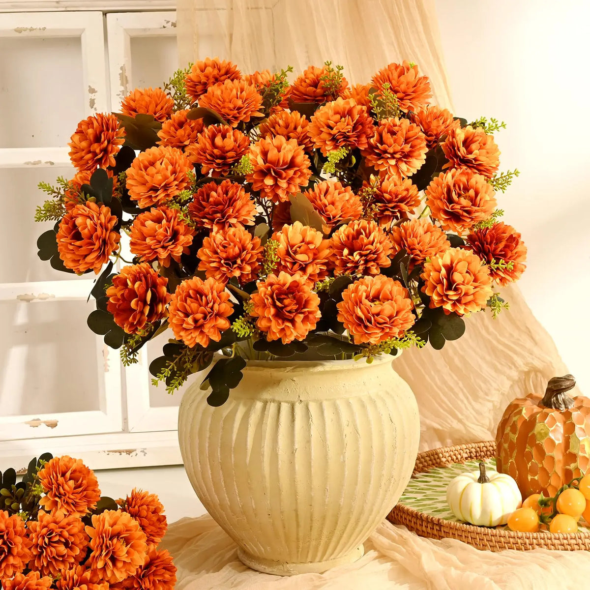 Orange Artificial Mum Bouquet with Green Leaves