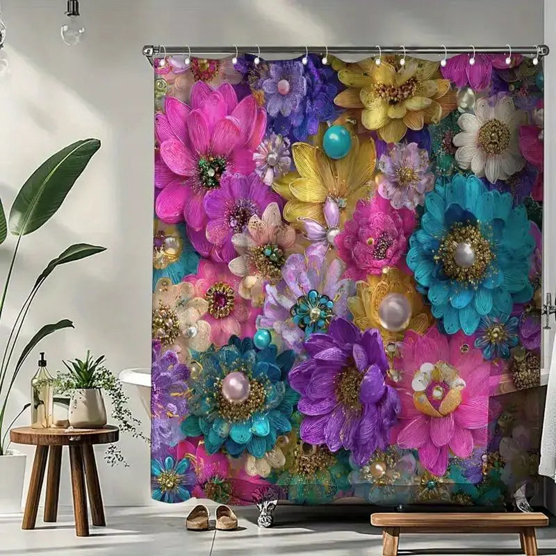 Colourful Floral Fabric Shower Curtain with Hooks