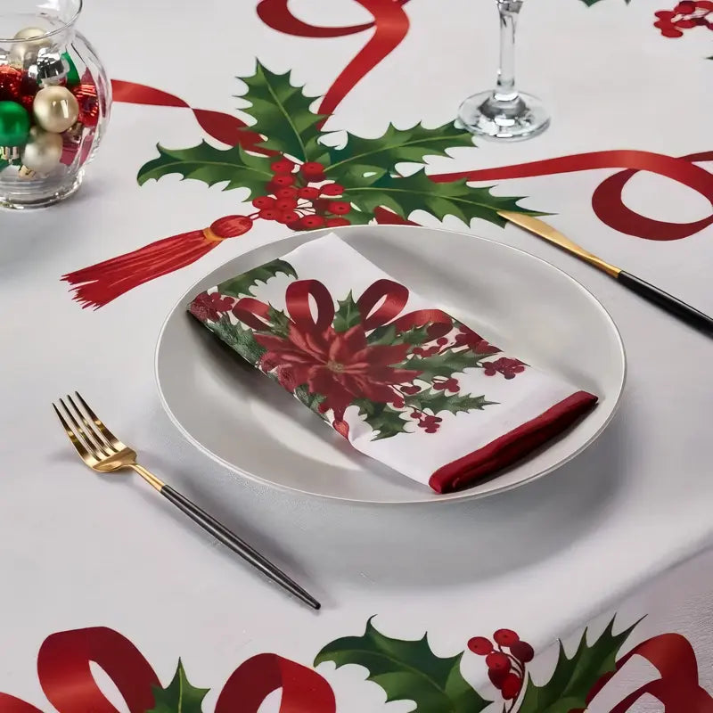 White Rectangular Tablecloth with Red Ribbon and Holly Print
