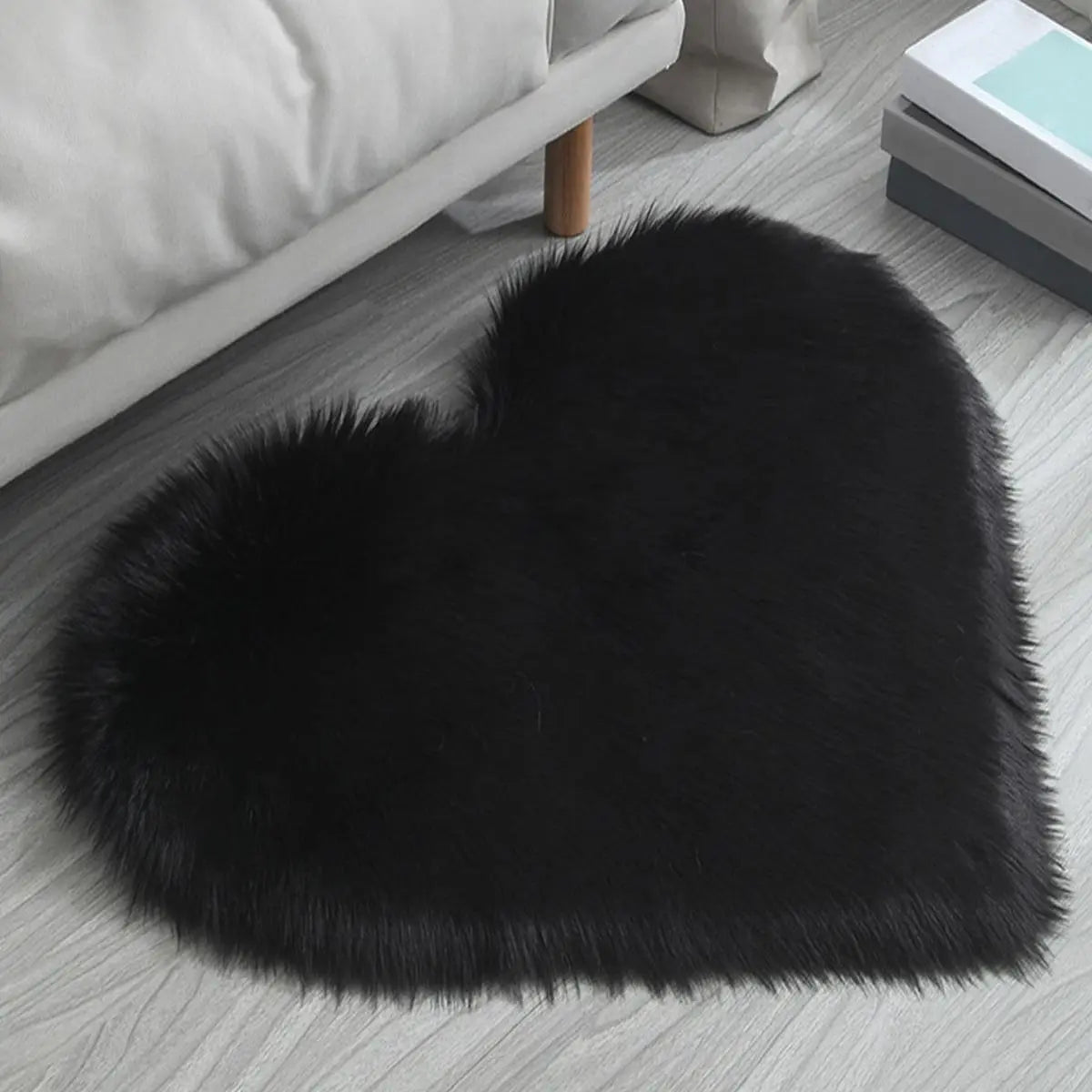 Black Heart Shaped Faux Fur Floor Rug