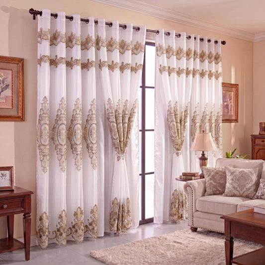 White Sheer Grommet Curtains With Gold Embroidered Design