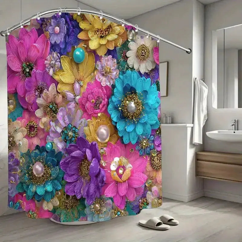 Colourful Floral Fabric Shower Curtain with Hooks