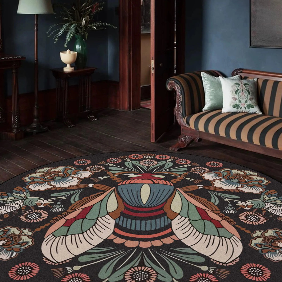 Round Floor Rug with Moth and Floral Design