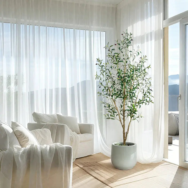 Tall Artificial Olive Tree in White Round Pot