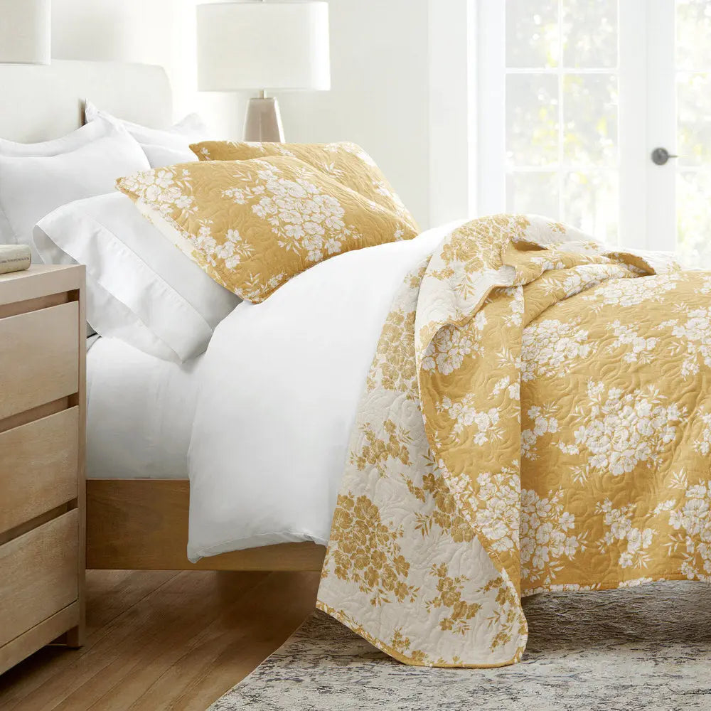 Yellow Floral Reversible Quilted Coverlet with Shams
