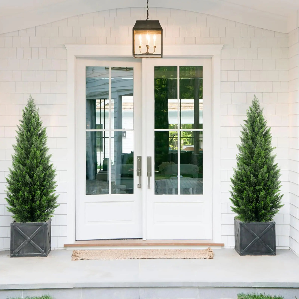 Artificial Cedar Trees in Grey Square Planters
