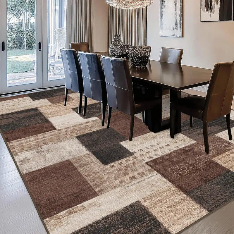 Brown and Beige Patchwork Pattern Area Rug
