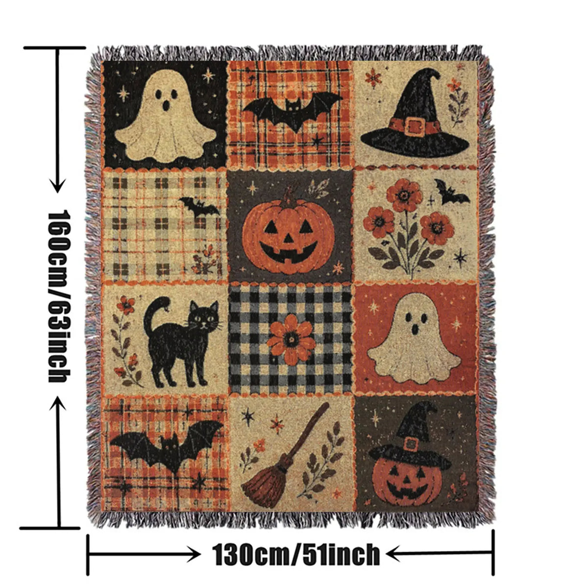 Woven Fringed Blanket with Patchwork Autumn Motifs
