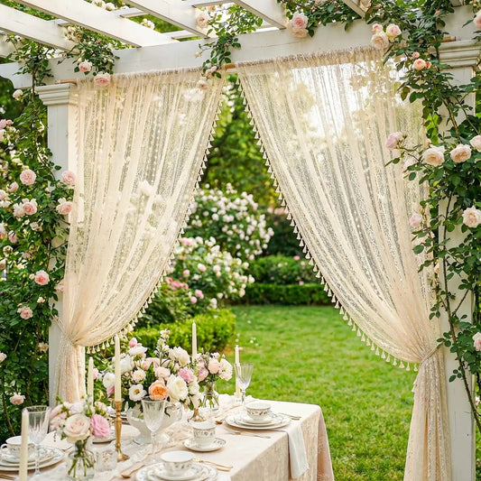Cream Lace Curtain Panels with Tassel Trim for Patio