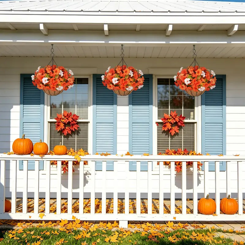 Two Hanging Baskets with Orange Artificial Petunias