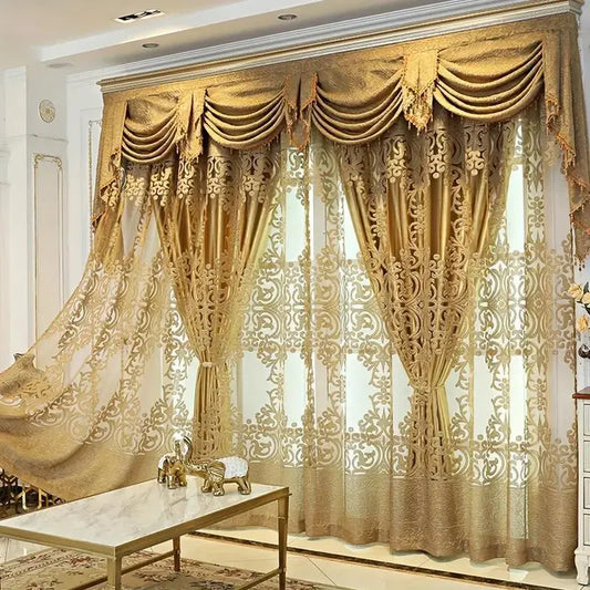 Gold Embroidered Curtains with Sheer Layer and Swag Valance