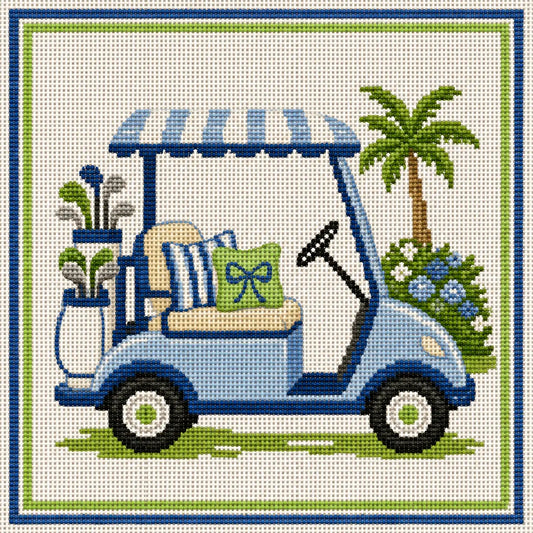 Blue and Green Golf Cart Needlepoint Canvas