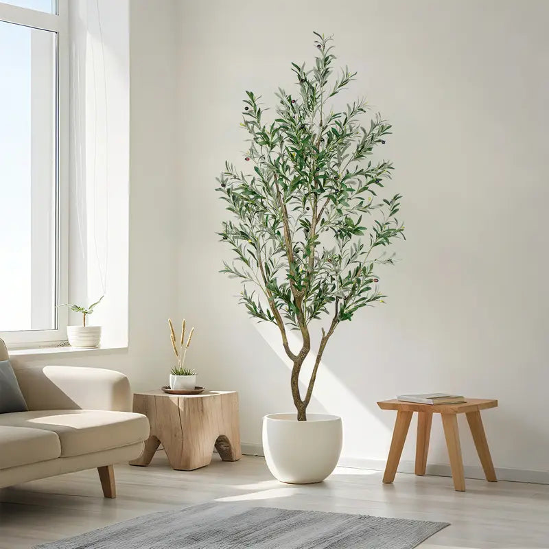 Tall Artificial Olive Tree in White Round Pot