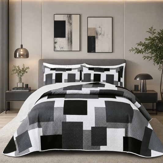 Black, Grey and White Block Pattern Quilt Set