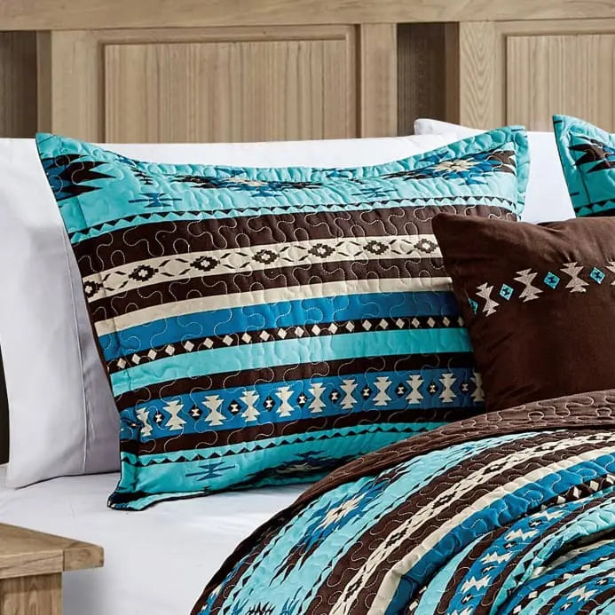 Turquoise and Brown Geometric Quilt Set with Pillows