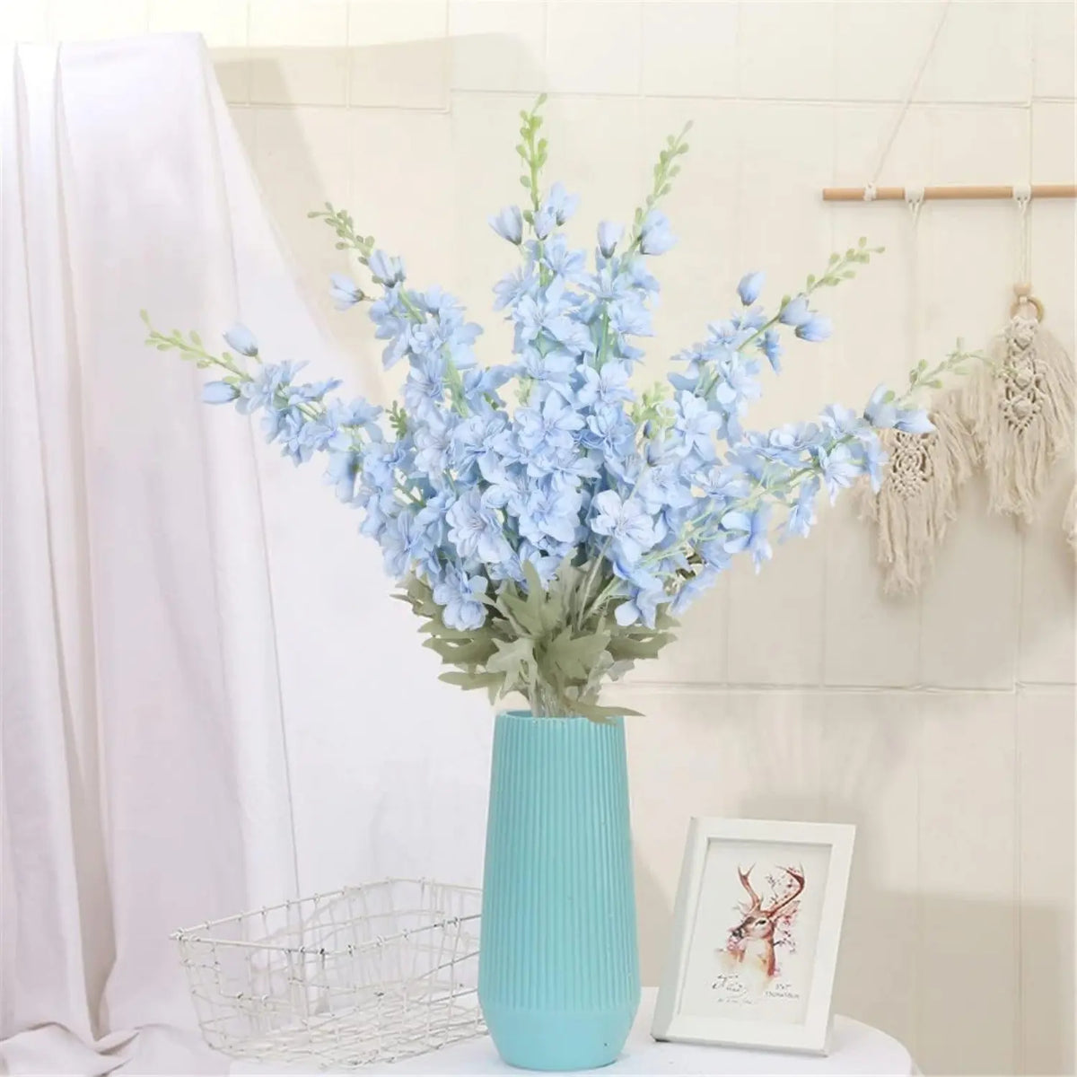 Light Blue Artificial Delphinium Stems in White Vase