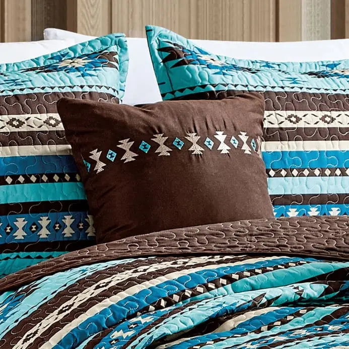 Turquoise and Brown Geometric Quilt Set with Pillows
