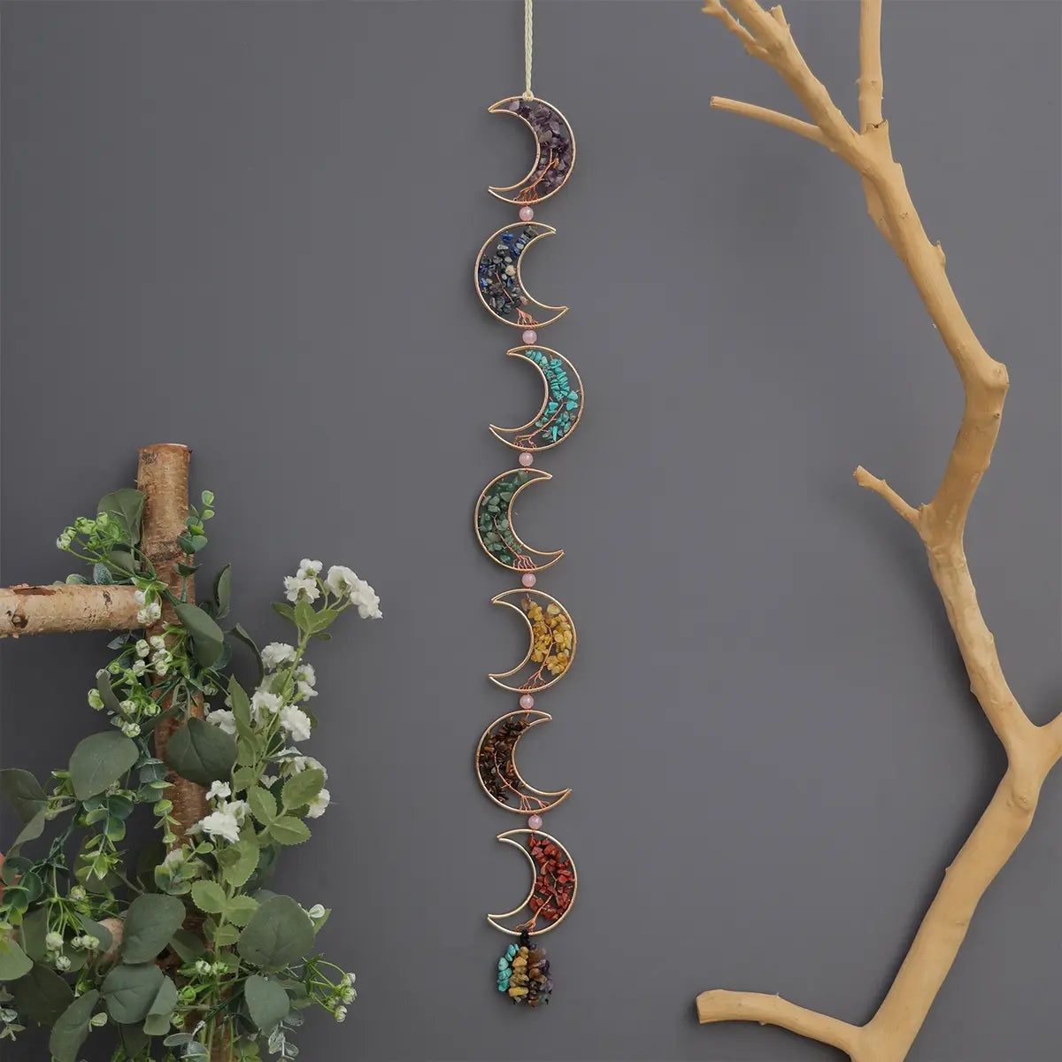 Hanging Moon Phase Wall Decor with Gemstones