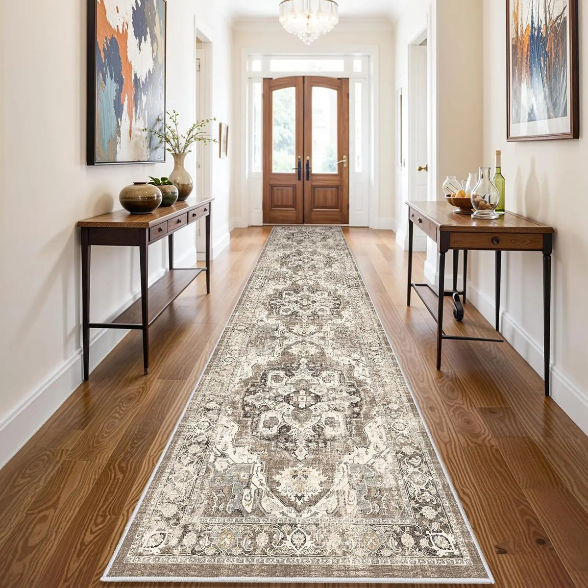 Beige Gray Medallion Pattern Runner Rug