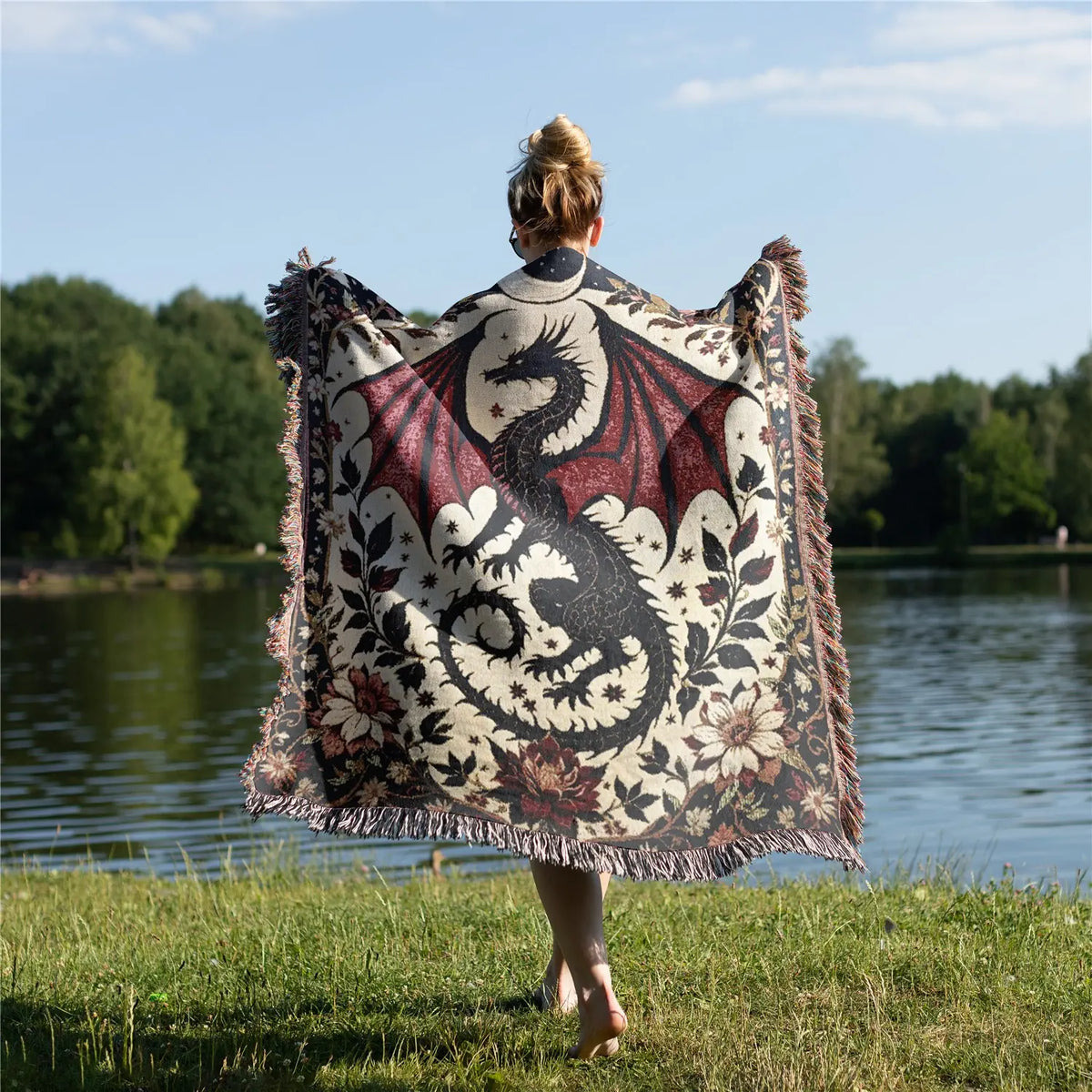 Woven Dragon Pattern Throw Blanket with Fringe