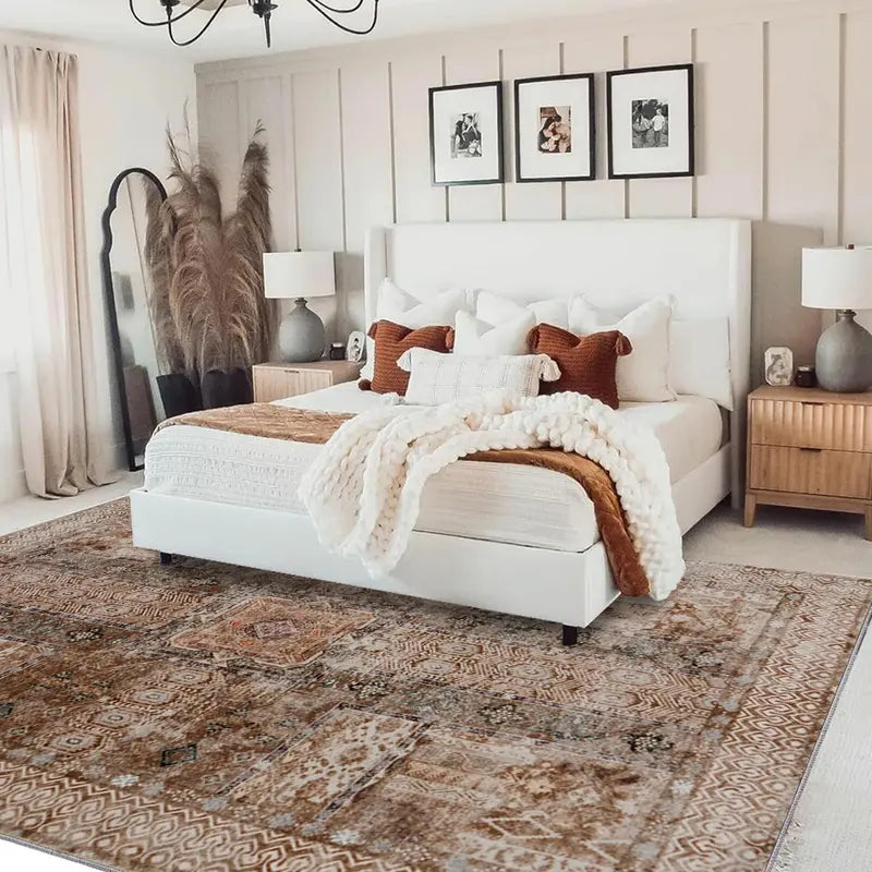 Faded Brown Patterned Area Rug with Fringe-Free Edge