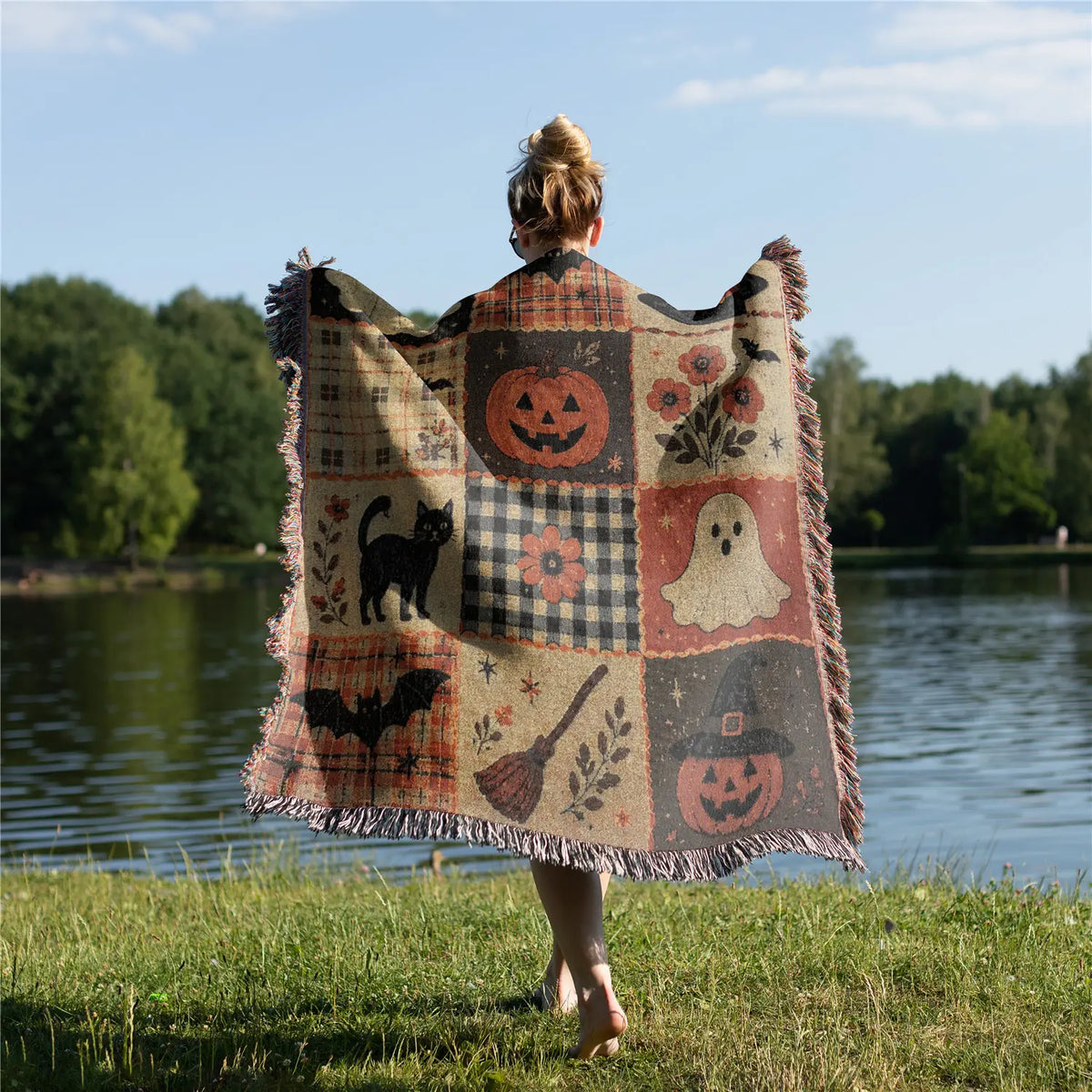 Woven Fringed Blanket with Patchwork Autumn Motifs