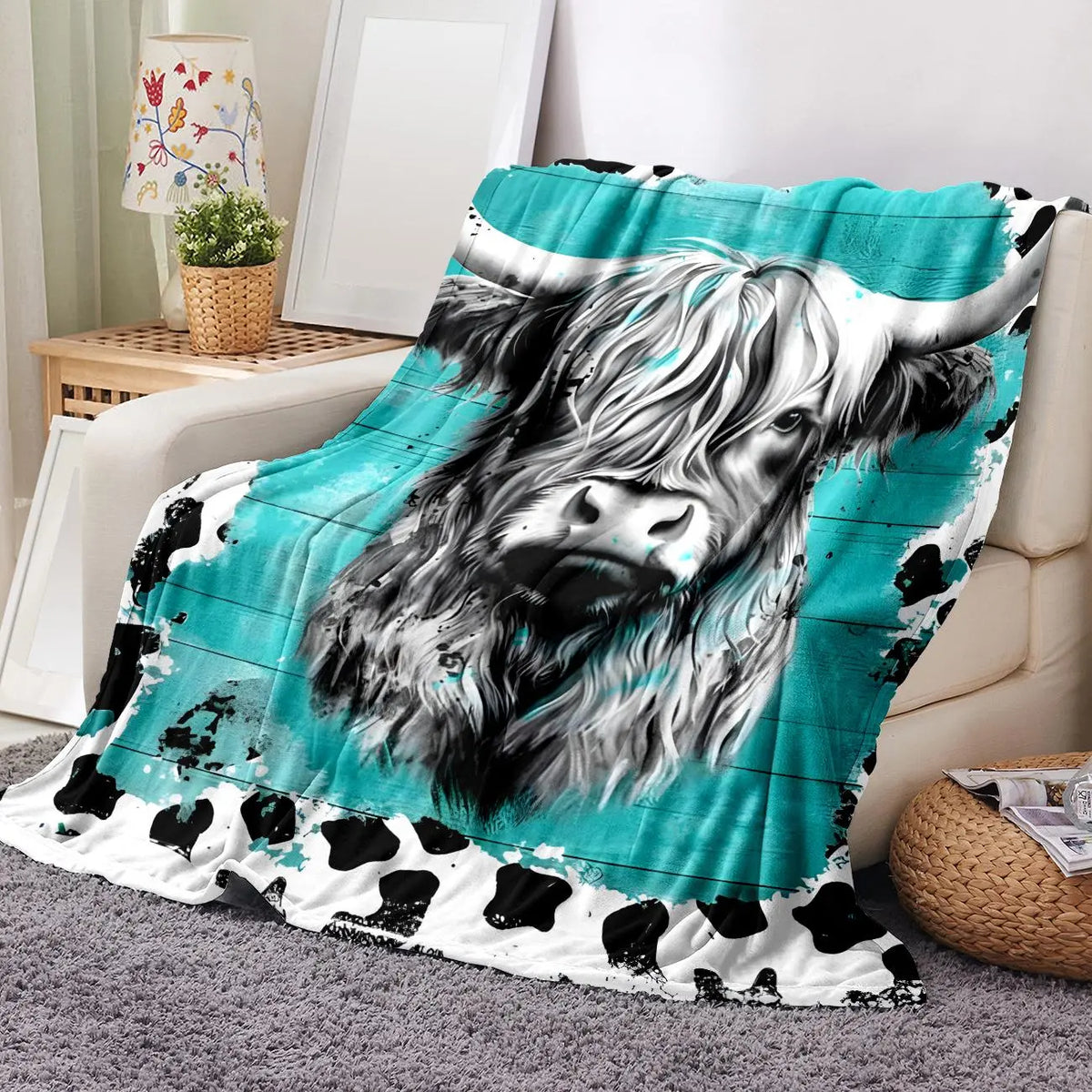 Highland Cow Print Throw Blanket in Teal