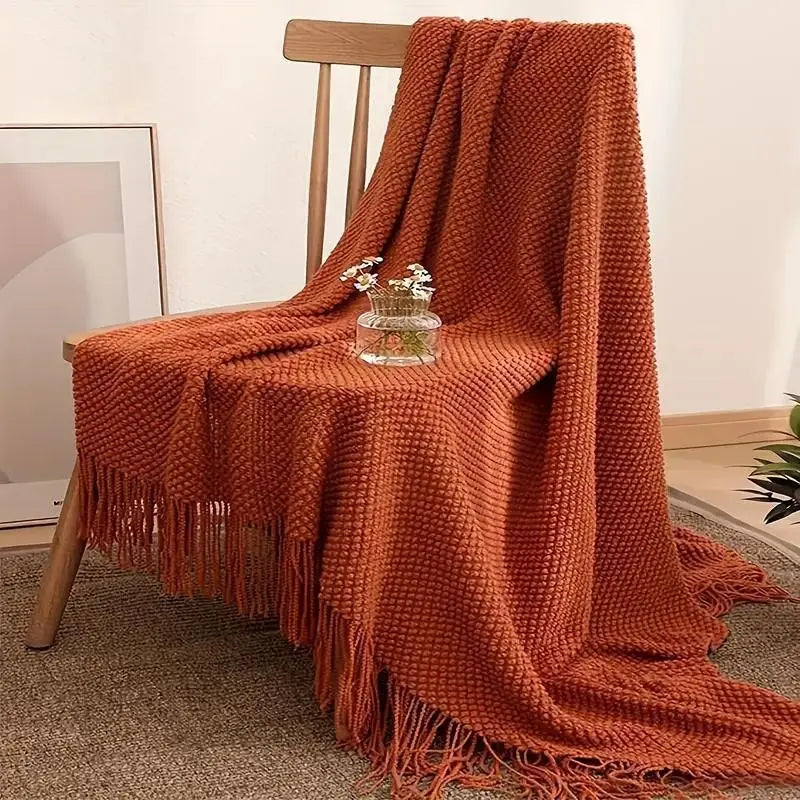 Rust Orange Knit Throw with Long Fringe
