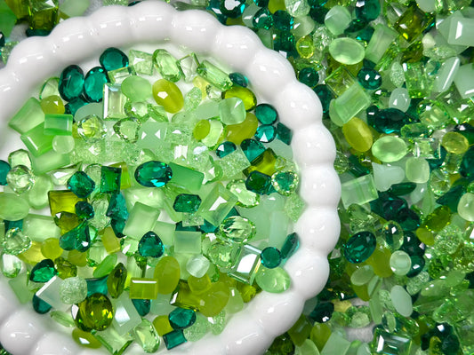 Mixed Green Glass Rhinestones in Assorted Cuts