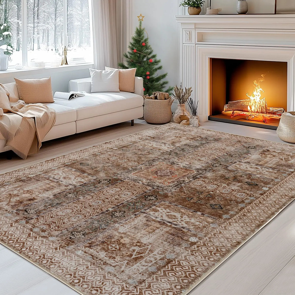 Faded Brown Patterned Area Rug with Fringe-Free Edge