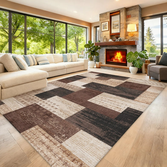 Brown and Beige Patchwork Pattern Area Rug