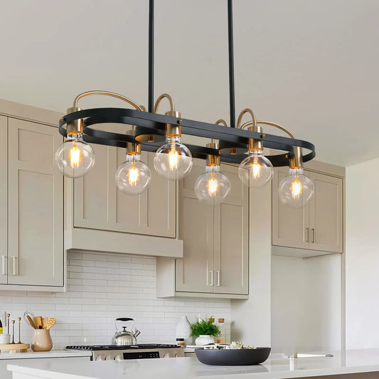 Black Oval Frame Linear Chandelier With Globe Bulbs