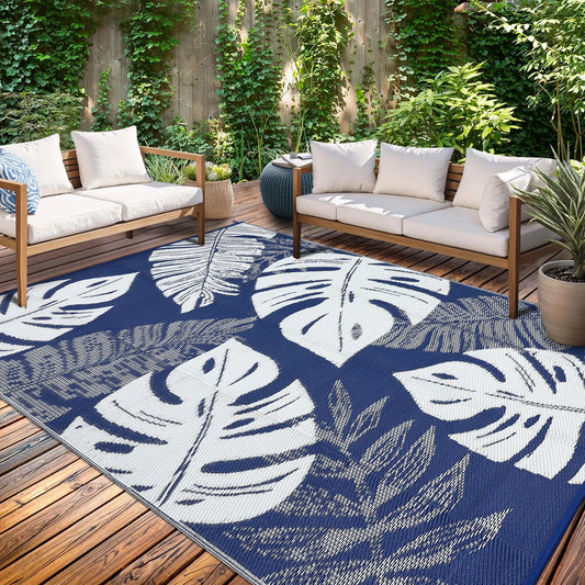 Navy and White Leaf Print Woven Outdoor Rug