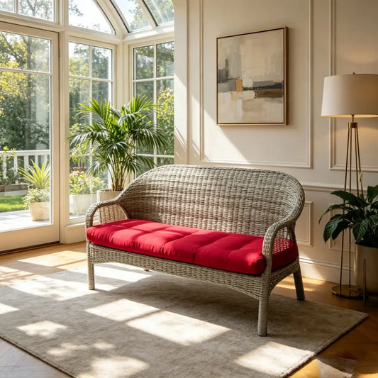 Red Tufted Long Cushion for Wicker Bench