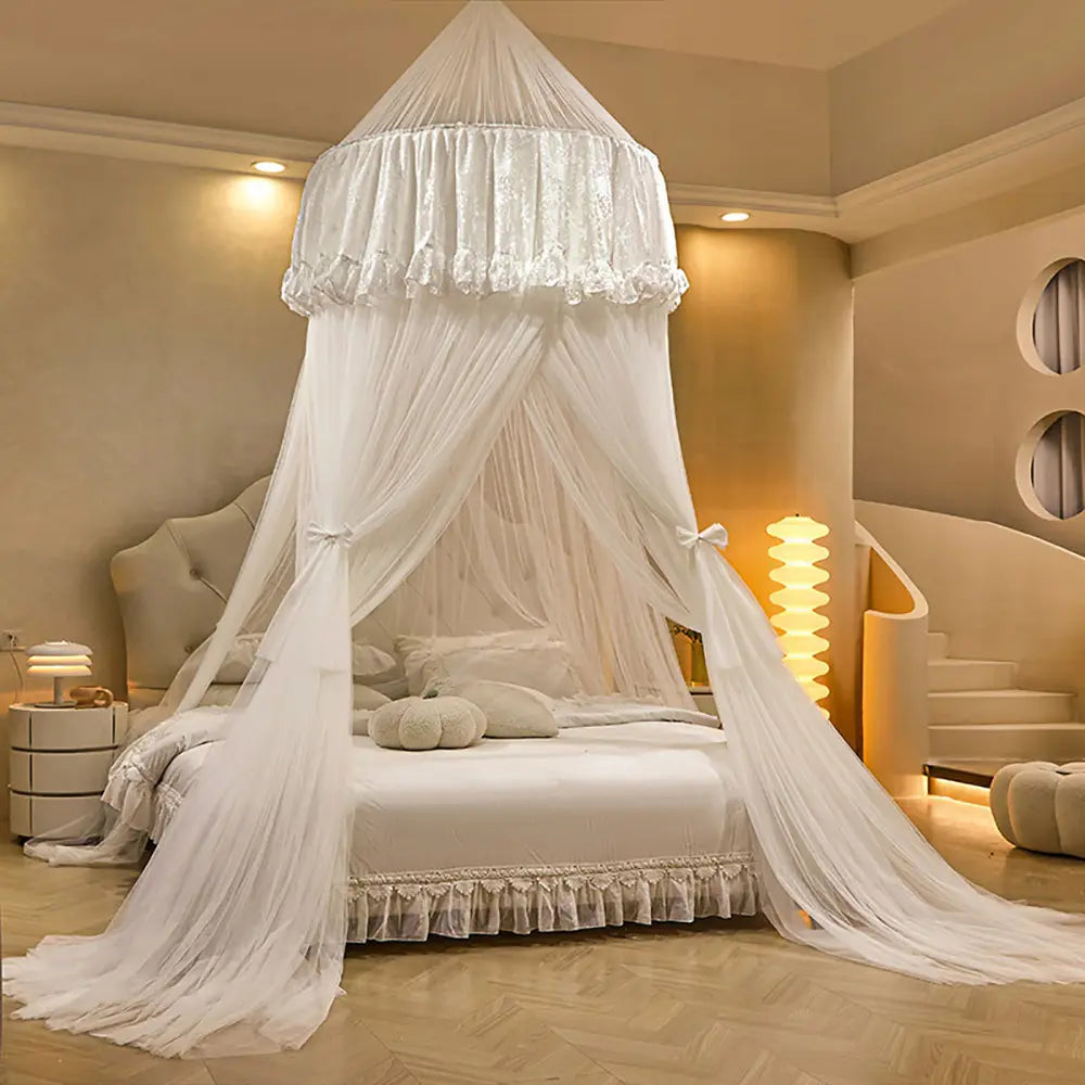 White Lace Dome Bed Canopy With Mesh Drape