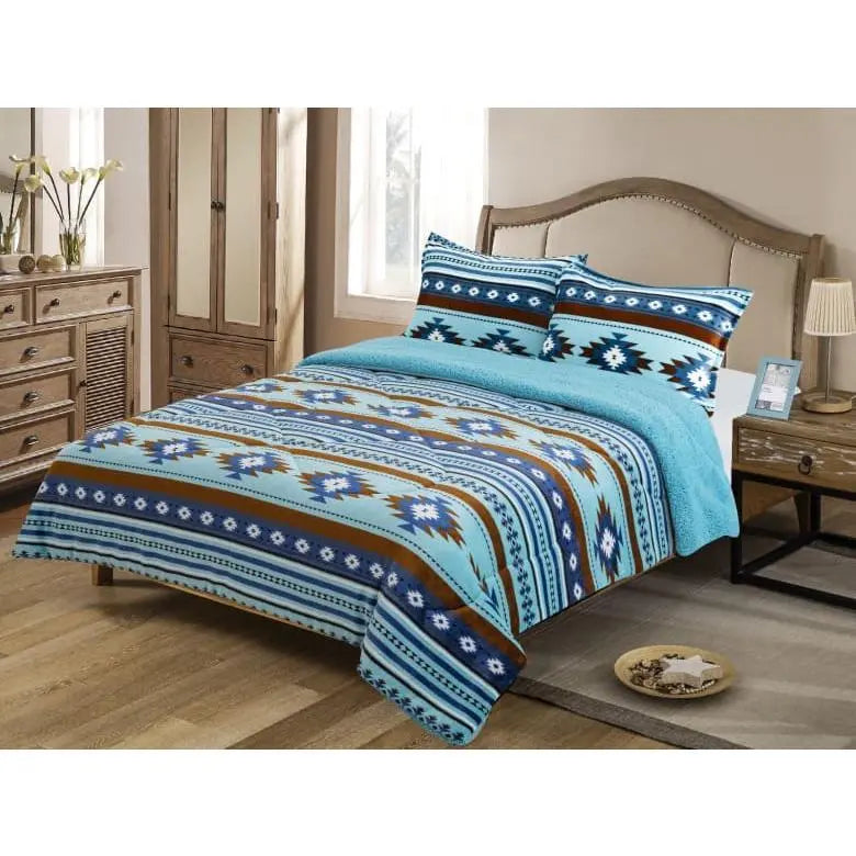 Southwestern Pattern Sherpa-Lined Comforter and Sham Set