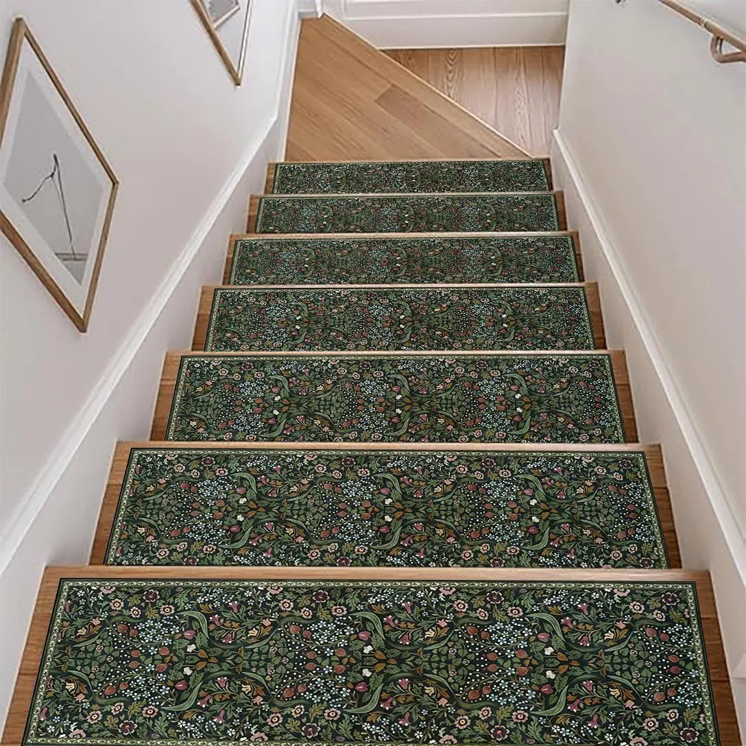 Green Floral Pattern Stair Tread Mat Set