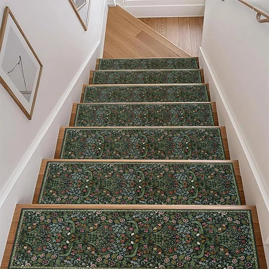 Green Floral Pattern Stair Tread Mat Set