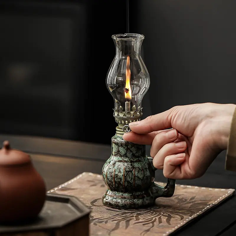 Green Glazed Ceramic Oil Lamp with Glass Chimney