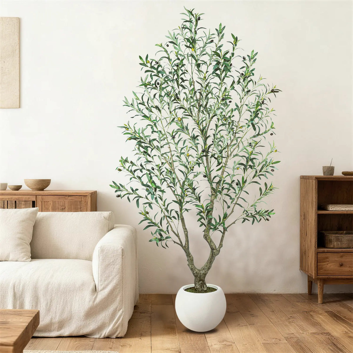 Tall Artificial Olive Tree in White Round Pot