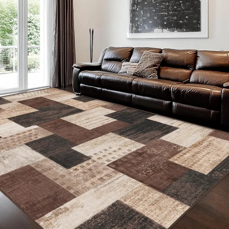 Brown and Beige Patchwork Pattern Area Rug