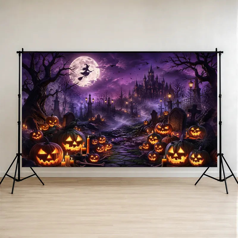 Purple Haunted Graveyard Scene Photo Backdrop