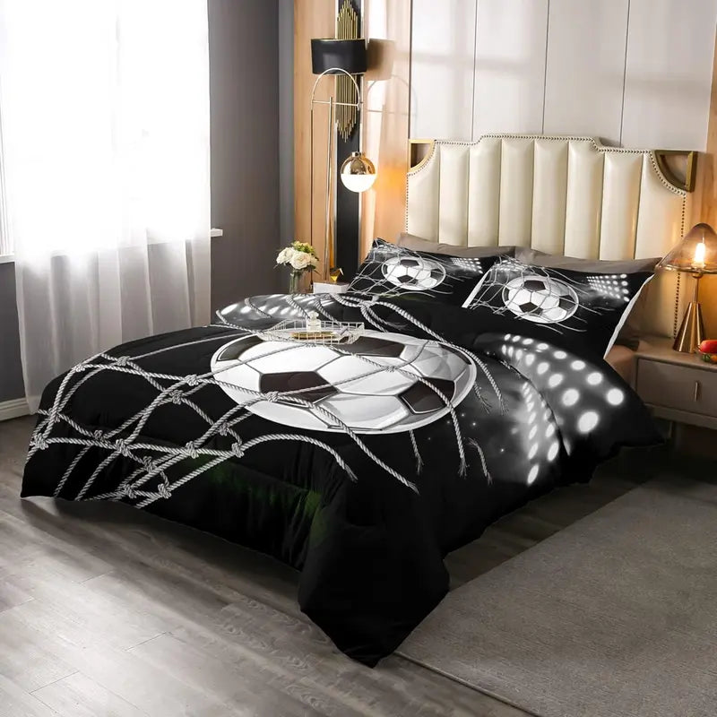 Black Bedding Set with Soccer Ball and Net Print