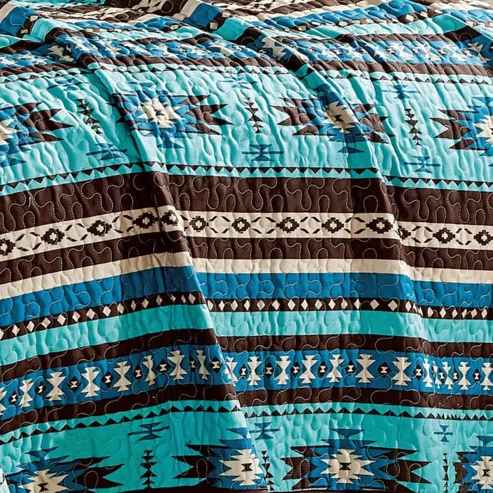 Turquoise and Brown Geometric Quilt Set with Pillows