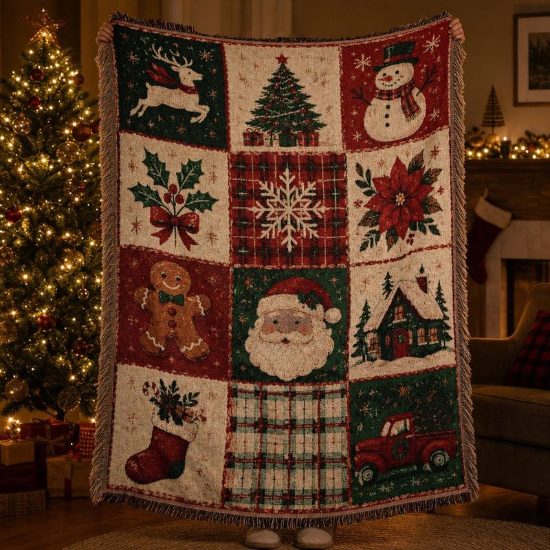 Woven Throw Blanket with Holiday Patchwork Squares